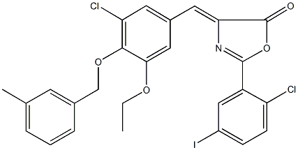 4-{3-chloro-5-ethoxy-4-[(3-methylbenzyl)oxy]benzylidene}-2-(2-chloro-5-iodophenyl)-1,3-oxazol-5(4H)-one 化学構造式