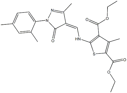 diethyl 5-({[1-(2,4-dimethylphenyl)-3-methyl-5-oxo-1,5-dihydro-4H-pyrazol-4-ylidene]methyl}amino)-3-methyl-2,4-thiophenedicarboxylate 化学構造式