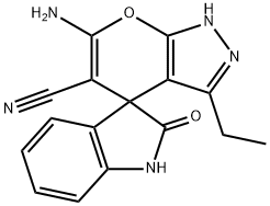 6-amino-5-cyano-3-ethyl-2'-oxo-1,1',3',4-tetrahydrospiro[pyrano[2,3-c]pyrazole-4,3'-(2'H)-indole] Struktur