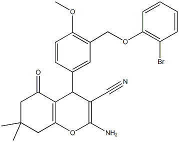 2-amino-4-{3-[(2-bromophenoxy)methyl]-4-methoxyphenyl}-7,7-dimethyl-5-oxo-5,6,7,8-tetrahydro-4H-chromene-3-carbonitrile Struktur