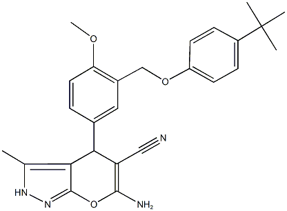 6-amino-4-{3-[(4-tert-butylphenoxy)methyl]-4-methoxyphenyl}-3-methyl-2,4-dihydropyrano[2,3-c]pyrazole-5-carbonitrile Structure