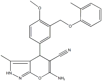 6-amino-4-{4-methoxy-3-[(2-methylphenoxy)methyl]phenyl}-3-methyl-2,4-dihydropyrano[2,3-c]pyrazole-5-carbonitrile Structure