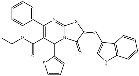 ethyl 2-(1H-indol-3-ylmethylene)-3-oxo-7-phenyl-5-(2-thienyl)-2,3-dihydro-5H-[1,3]thiazolo[3,2-a]pyrimidine-6-carboxylate,309928-04-9,结构式