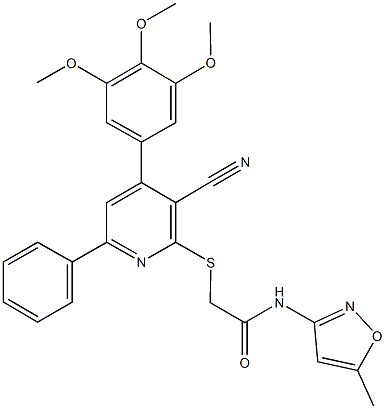 2-{[3-cyano-6-phenyl-4-(3,4,5-trimethoxyphenyl)-2-pyridinyl]sulfanyl}-N-(5-methyl-3-isoxazolyl)acetamide Struktur