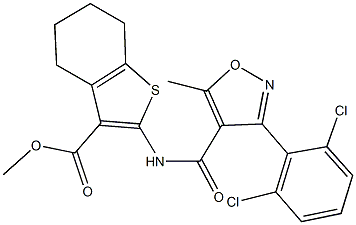 methyl 2-({[3-(2,6-dichlorophenyl)-5-methyl-4-isoxazolyl]carbonyl}amino)-4,5,6,7-tetrahydro-1-benzothiophene-3-carboxylate Struktur