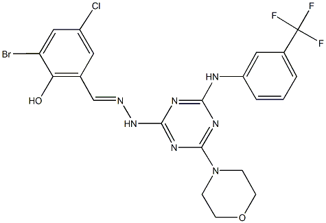 3-bromo-5-chloro-2-hydroxybenzaldehyde {4-(4-morpholinyl)-6-[3-(trifluoromethyl)anilino]-1,3,5-triazin-2-yl}hydrazone 化学構造式
