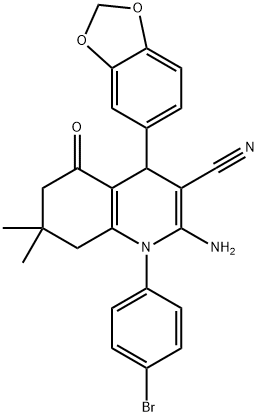 2-amino-4-(1,3-benzodioxol-5-yl)-1-(4-bromophenyl)-7,7-dimethyl-5-oxo-1,4,5,6,7,8-hexahydro-3-quinolinecarbonitrile 结构式