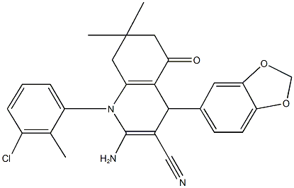 2-amino-4-(1,3-benzodioxol-5-yl)-1-(3-chloro-2-methylphenyl)-7,7-dimethyl-5-oxo-1,4,5,6,7,8-hexahydro-3-quinolinecarbonitrile 结构式