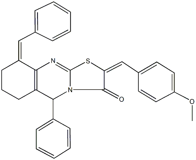 9-benzylidene-2-(4-methoxybenzylidene)-5-phenyl-6,7,8,9-tetrahydro-5H-[1,3]thiazolo[2,3-b]quinazolin-3(2H)-one,311325-54-9,结构式