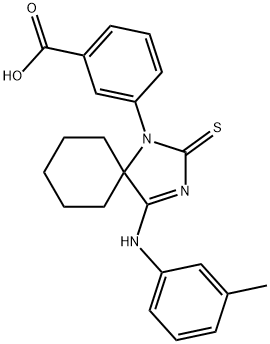 3-{4-[(3-methylphenyl)imino]-2-thioxo-1,3-diazaspiro[4.5]dec-1-yl}benzoic acid 化学構造式