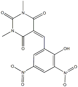 5-{2-hydroxy-3,5-bisnitrobenzylidene}-1,3-dimethyl-2,4,6(1H,3H,5H)-pyrimidinetrione Struktur