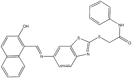 2-[(6-{[(2-hydroxy-1-naphthyl)methylene]amino}-1,3-benzothiazol-2-yl)sulfanyl]-N-phenylacetamide Struktur