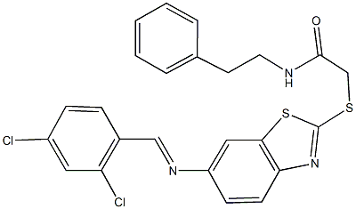 2-({6-[(2,4-dichlorobenzylidene)amino]-1,3-benzothiazol-2-yl}sulfanyl)-N-(2-phenylethyl)acetamide Struktur