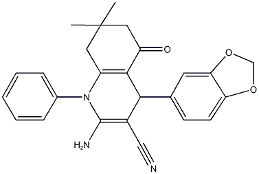2-amino-4-(1,3-benzodioxol-5-yl)-7,7-dimethyl-5-oxo-1-phenyl-1,4,5,6,7,8-hexahydro-3-quinolinecarbonitrile 结构式
