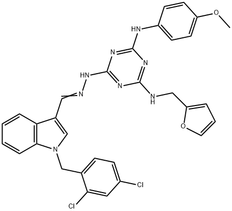 1-(2,4-dichlorobenzyl)-1H-indole-3-carbaldehyde [4-[(2-furylmethyl)amino]-6-(4-methoxyanilino)-1,3,5-triazin-2-yl]hydrazone Struktur