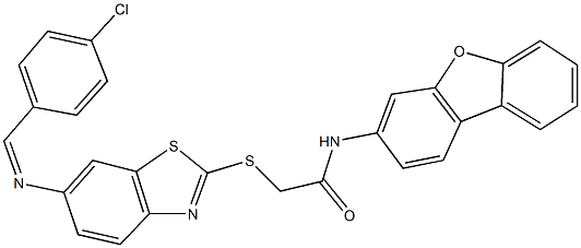 2-({6-[(4-chlorobenzylidene)amino]-1,3-benzothiazol-2-yl}sulfanyl)-N-dibenzo[b,d]furan-3-ylacetamide 结构式