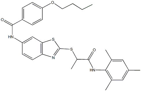 4-butoxy-N-(2-{[2-(mesitylamino)-1-methyl-2-oxoethyl]sulfanyl}-1,3-benzothiazol-6-yl)benzamide 化学構造式