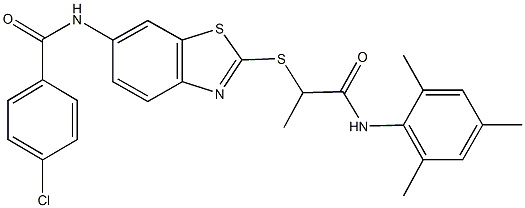 4-chloro-N-(2-{[2-(mesitylamino)-1-methyl-2-oxoethyl]sulfanyl}-1,3-benzothiazol-6-yl)benzamide|