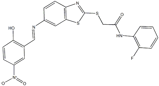 N-(2-fluorophenyl)-2-{[6-({2-hydroxy-5-nitrobenzylidene}amino)-1,3-benzothiazol-2-yl]sulfanyl}acetamide Struktur