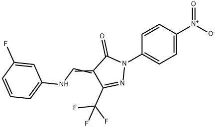 4-[(3-fluoroanilino)methylene]-2-{4-nitrophenyl}-5-(trifluoromethyl)-2,4-dihydro-3H-pyrazol-3-one 结构式