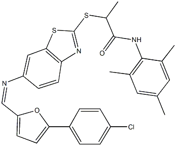 2-{[6-({[5-(4-chlorophenyl)-2-furyl]methylene}amino)-1,3-benzothiazol-2-yl]sulfanyl}-N-mesitylpropanamide 化学構造式