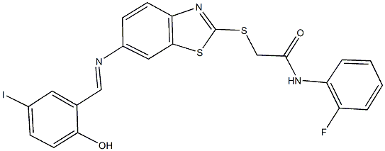 N-(2-fluorophenyl)-2-({6-[(2-hydroxy-5-iodobenzylidene)amino]-1,3-benzothiazol-2-yl}sulfanyl)acetamide 结构式