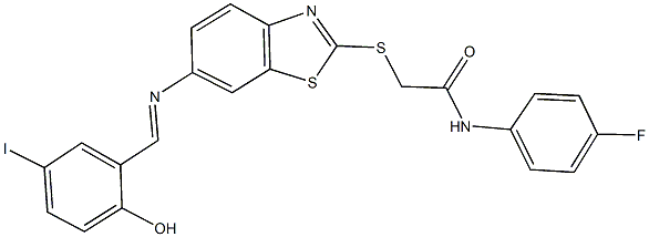 N-(4-fluorophenyl)-2-({6-[(2-hydroxy-5-iodobenzylidene)amino]-1,3-benzothiazol-2-yl}sulfanyl)acetamide Struktur