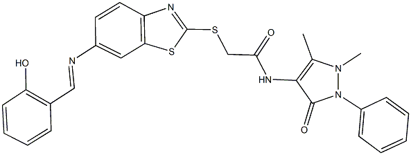 N-(1,5-dimethyl-3-oxo-2-phenyl-2,3-dihydro-1H-pyrazol-4-yl)-2-({6-[(2-hydroxybenzylidene)amino]-1,3-benzothiazol-2-yl}sulfanyl)acetamide 化学構造式