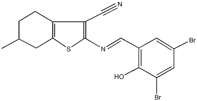 2-[(3,5-dibromo-2-hydroxybenzylidene)amino]-6-methyl-4,5,6,7-tetrahydro-1-benzothiophene-3-carbonitrile Structure