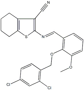 2-({2-[(2,4-dichlorobenzyl)oxy]-3-methoxybenzylidene}amino)-4,5,6,7-tetrahydro-1-benzothiophene-3-carbonitrile 化学構造式