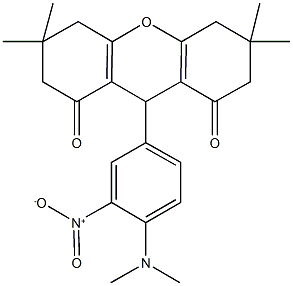 9-{4-(dimethylamino)-3-nitrophenyl}-3,3,6,6-tetramethyl-3,4,5,6,7,9-hexahydro-1H-xanthene-1,8(2H)-dione Struktur