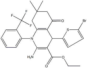 ethyl 2-amino-4-(5-bromo-2-thienyl)-7,7-dimethyl-5-oxo-1-[2-(trifluoromethyl)phenyl]-1,4,5,6,7,8-hexahydro-3-quinolinecarboxylate 化学構造式