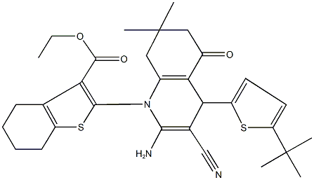 ethyl 2-(2-amino-4-(5-tert-butyl-2-thienyl)-3-cyano-7,7-dimethyl-5-oxo-5,6,7,8-tetrahydro-1(4H)-quinolinyl)-4,5,6,7-tetrahydro-1-benzothiophene-3-carboxylate Structure