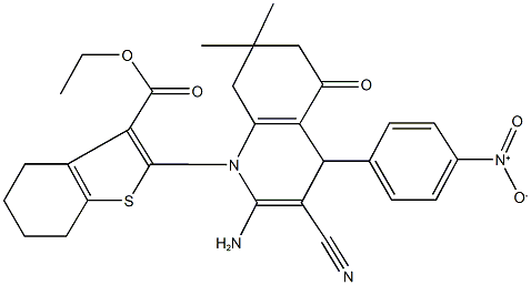ethyl 2-(2-amino-3-cyano-4-{4-nitrophenyl}-7,7-dimethyl-5-oxo-5,6,7,8-tetrahydro-1(4H)-quinolinyl)-4,5,6,7-tetrahydro-1-benzothiophene-3-carboxylate Struktur