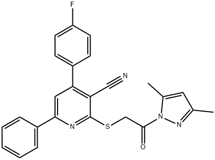 2-{[2-(3,5-dimethyl-1H-pyrazol-1-yl)-2-oxoethyl]sulfanyl}-4-(4-fluorophenyl)-6-phenylnicotinonitrile Structure