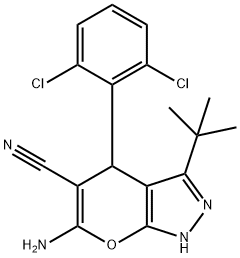 6-amino-3-tert-butyl-4-(2,6-dichlorophenyl)-1,4-dihydropyrano[2,3-c]pyrazole-5-carbonitrile 化学構造式