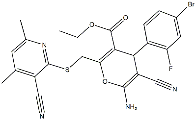 ethyl 6-amino-4-(4-bromo-2-fluorophenyl)-5-cyano-2-{[(3-cyano-4,6-dimethyl-2-pyridinyl)sulfanyl]methyl}-4H-pyran-3-carboxylate Structure