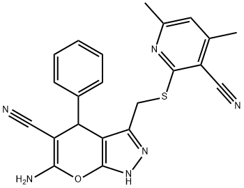 6-amino-3-{[(3-cyano-4,6-dimethyl-2-pyridinyl)sulfanyl]methyl}-4-phenyl-1,4-dihydropyrano[2,3-c]pyrazole-5-carbonitrile 结构式