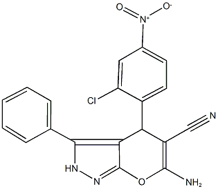 6-amino-4-{2-chloro-4-nitrophenyl}-3-phenyl-2,4-dihydropyrano[2,3-c]pyrazole-5-carbonitrile Struktur