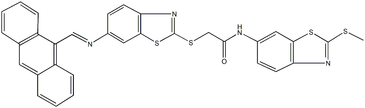 2-({6-[(9-anthrylmethylene)amino]-1,3-benzothiazol-2-yl}sulfanyl)-N-[2-(methylsulfanyl)-1,3-benzothiazol-6-yl]acetamide 结构式