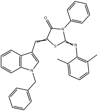 5-[(1-benzyl-1H-indol-3-yl)methylene]-2-[(2,6-dimethylphenyl)imino]-3-phenyl-1,3-thiazolidin-4-one Struktur