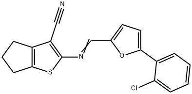 2-({[5-(2-chlorophenyl)-2-furyl]methylene}amino)-5,6-dihydro-4H-cyclopenta[b]thiophene-3-carbonitrile Structure