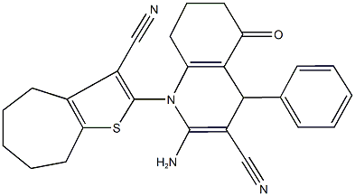 2-amino-1-(3-cyano-5,6,7,8-tetrahydro-4H-cyclohepta[b]thien-2-yl)-5-oxo-4-phenyl-1,4,5,6,7,8-hexahydro-3-quinolinecarbonitrile 结构式