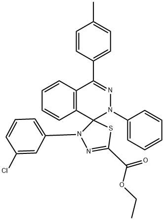 ethyl 4-(3-chlorophenyl)-4'-(4-methylphenyl)-2'-phenyl-1',2',4,5-tetrahydrospiro[1,3,4-thiadiazole-5,1'-phthalazine]-2-carboxylate 化学構造式