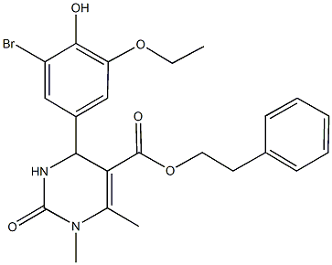 2-phenylethyl 4-(3-bromo-5-ethoxy-4-hydroxyphenyl)-1,6-dimethyl-2-oxo-1,2,3,4-tetrahydro-5-pyrimidinecarboxylate 化学構造式