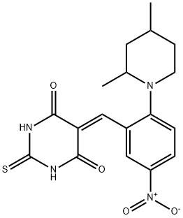 5-{2-(2,4-dimethyl-1-piperidinyl)-5-nitrobenzylidene}-2-thioxodihydro-4,6(1H,5H)-pyrimidinedione Structure