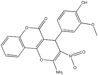 2-amino-4-(4-hydroxy-3-methoxyphenyl)-3-nitro-4H,5H-pyrano[3,2-c]chromen-5-one Struktur