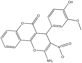 2-amino-4-(4-hydroxy-3-methoxyphenyl)-3-nitro-4H,5H-pyrano[3,2-c]chromen-5-one 化学構造式