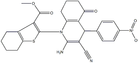 methyl 2-(2-amino-3-cyano-4-{4-nitrophenyl}-5-oxo-5,6,7,8-tetrahydro-1(4H)-quinolinyl)-4,5,6,7-tetrahydro-1-benzothiophene-3-carboxylate Struktur