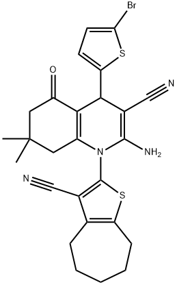 2-amino-4-(5-bromo-2-thienyl)-1-(3-cyano-5,6,7,8-tetrahydro-4H-cyclohepta[b]thiophen-2-yl)-7,7-dimethyl-5-oxo-1,4,5,6,7,8-hexahydro-3-quinolinecarbonitrile 化学構造式